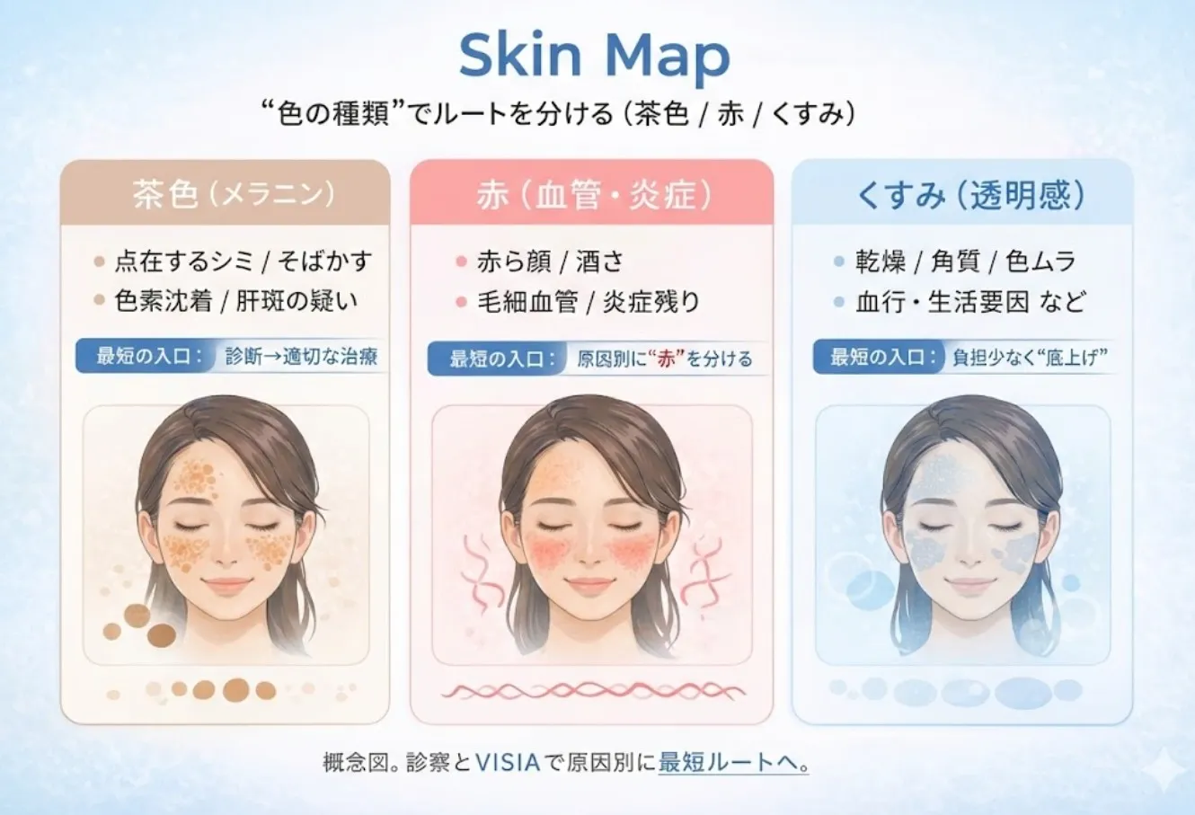 シミ・くすみ・赤みの地図｜原因別に最短ルートへ（VISIAで見える化）